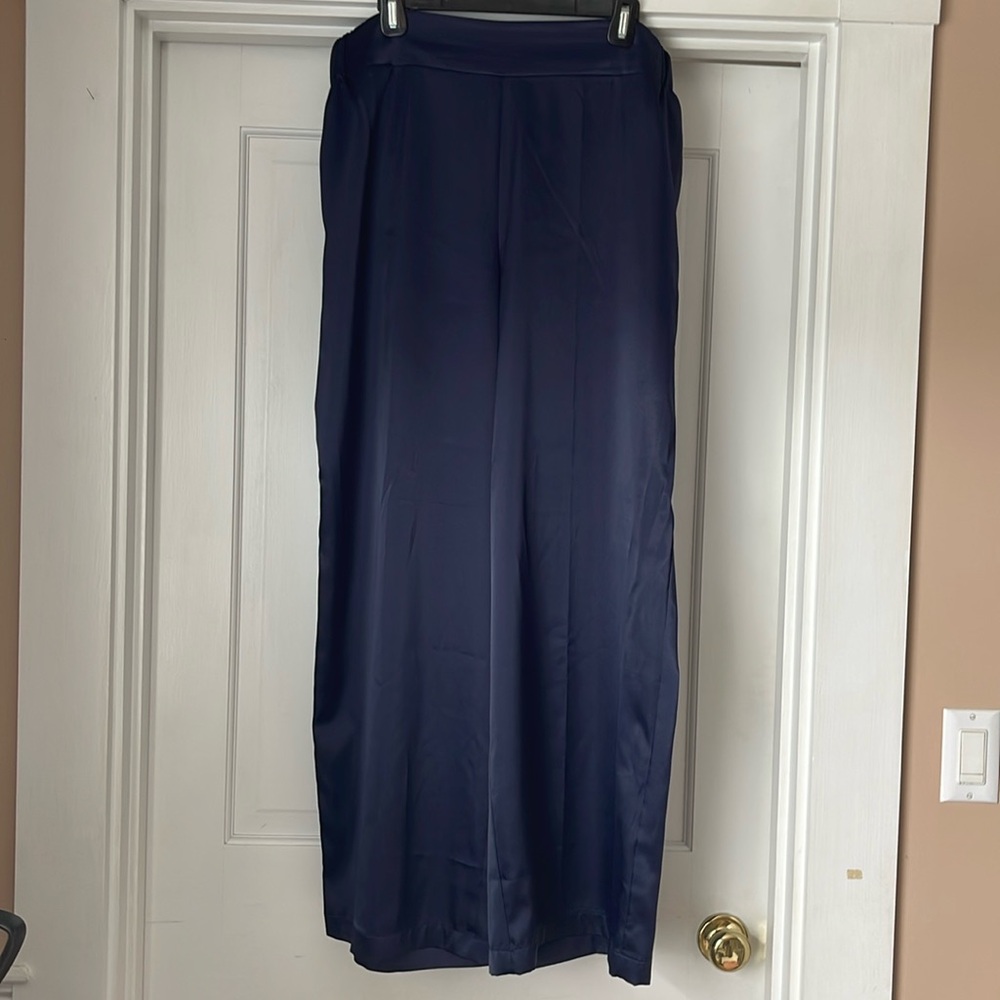 Women's Navy Wide-Leg Satin Pants